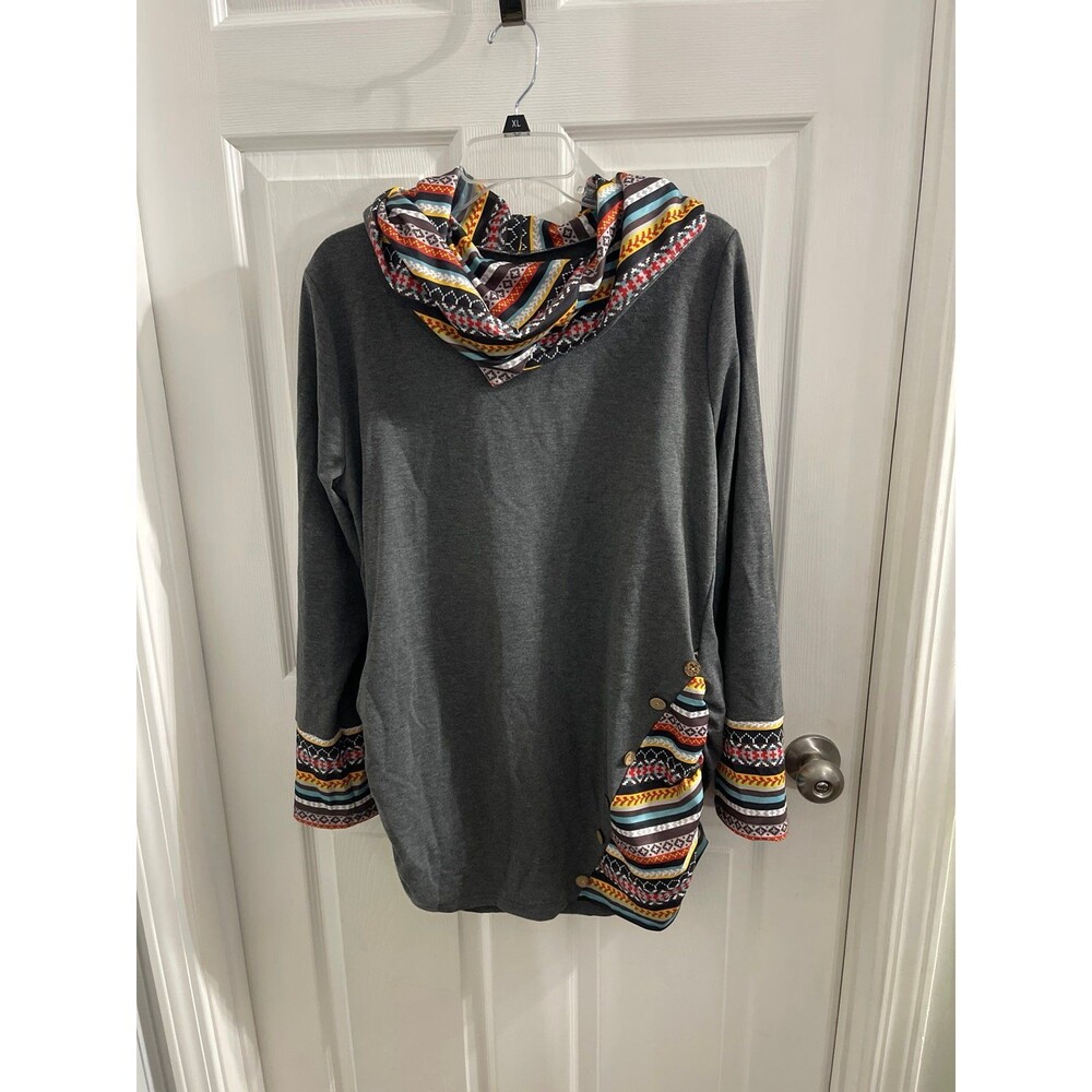 Geo Print Button Detail Ruched Side Hooded Long Sleeve Tee Size XXL